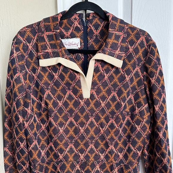 NWT Vintage 60s Kay Windsor Diamond Pattern Long Sleeve Collared Dress Large - Picture 10 of 10